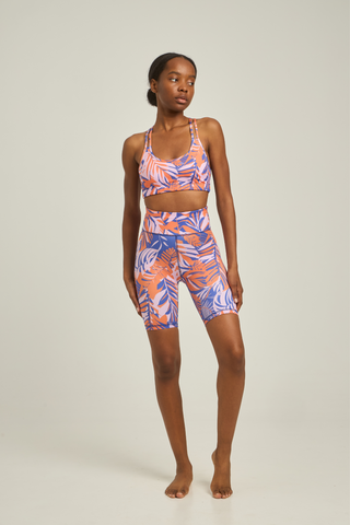 Athletic biker leggings orange exotic tropical print | Orange