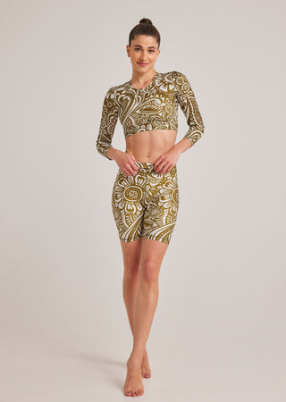 Athletic biker with ethnic print | Khaki