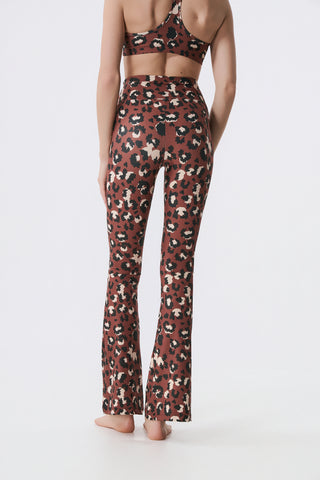 Athletic leggings with mocha leopard print and bell bottom | Multicolored