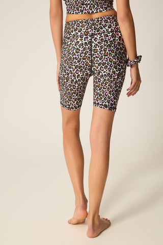 Athletic biker leggings with pink &amp; brown print | Leopard