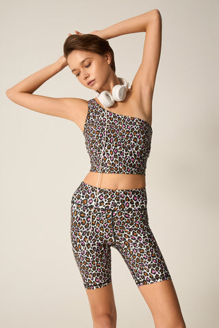 One-shoulder μπουστάκι με pink & brown print | Λεοπάρ