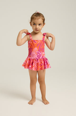 One-piece swimsuit with skirt and tropican print | Fuchsia