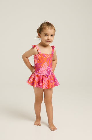 One-piece swimsuit with skirt and tropican print | Fuchsia
