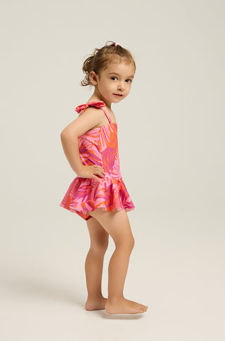 One-piece swimsuit with skirt and tropican print | Fuchsia