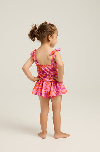 One-piece swimsuit with skirt and tropican print | Fuchsia
