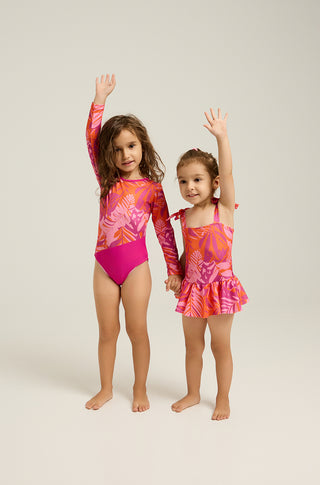 One-piece swimsuit with open back and tropican print | Fuchsia
