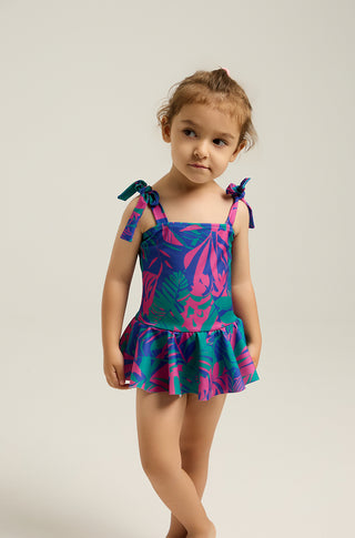 One-piece swimsuit with skirt and tropican print | Green