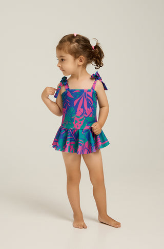One-piece swimsuit with skirt and tropican print | Green