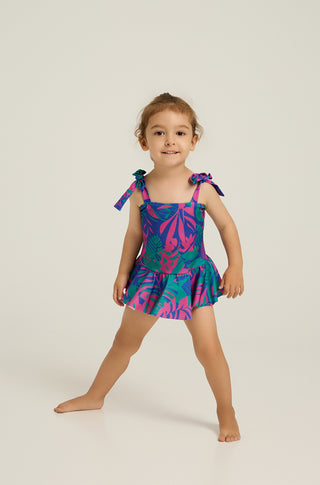 One-piece swimsuit with skirt and tropican print | Green