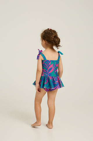 One-piece swimsuit with skirt and tropican print | Green