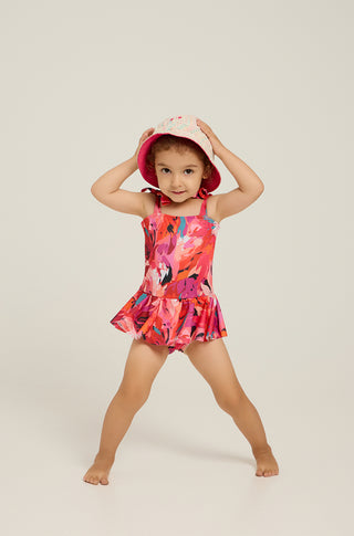One-piece swimsuit with skirt and tropican print | Red