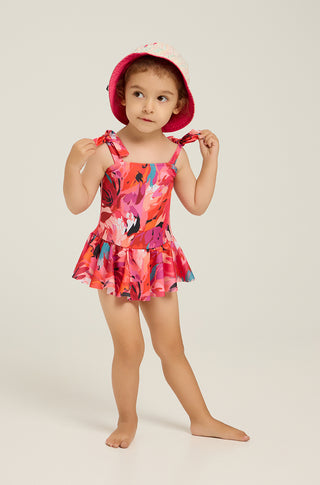 One-piece swimsuit with skirt and tropican print | Red