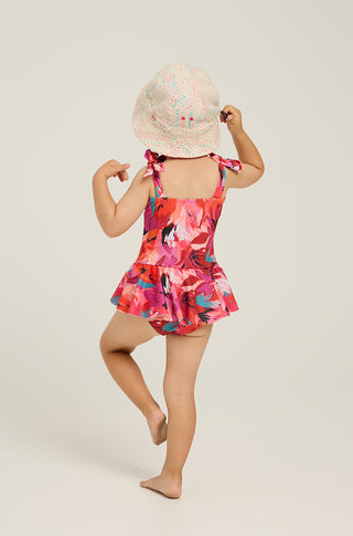 One-piece swimsuit with skirt and tropican print | Red