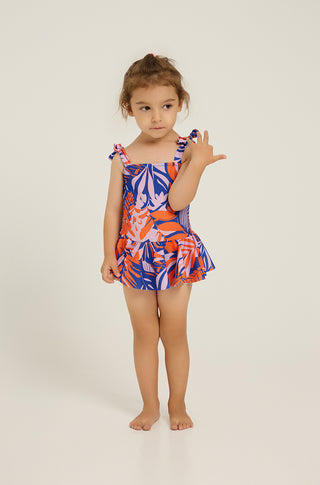 One-piece swimsuit with skirt and tropican print | Orange