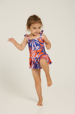 One-piece swimsuit with skirt and tropican print | Orange