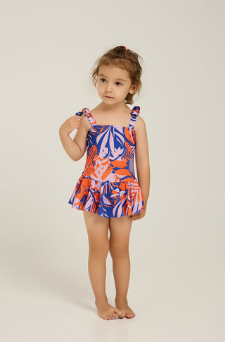 One-piece swimsuit with skirt and tropican print | Orange