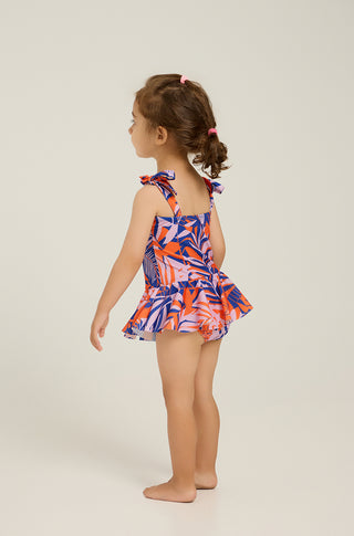 One-piece swimsuit with skirt and tropican print | Orange