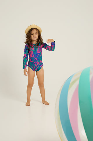 Long sleeve one-piece swimsuit with tropican print | Green