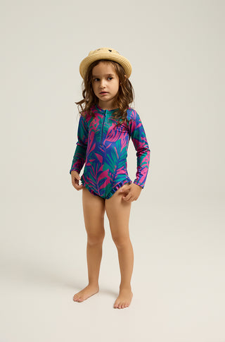 Long sleeve one-piece swimsuit with tropican print | Green