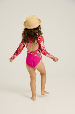 One-piece swimsuit with open back and tropican print | Red