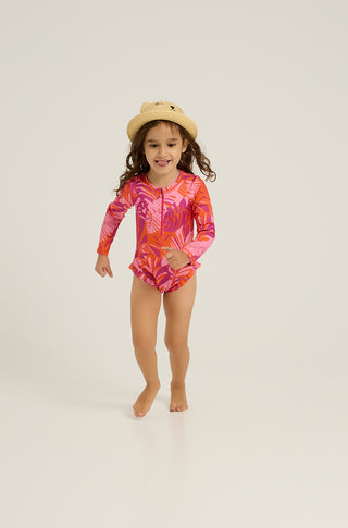 Long sleeve one-piece swimsuit with tropican print | Fuchsia