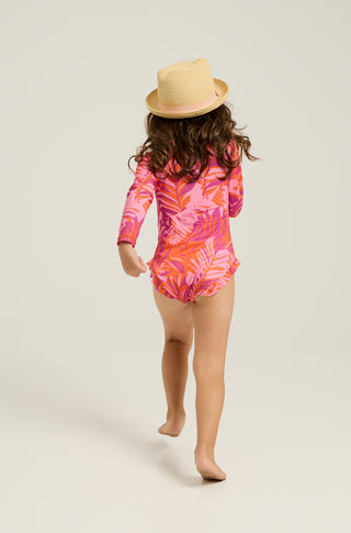 Long sleeve one-piece swimsuit with tropican print | Fuchsia