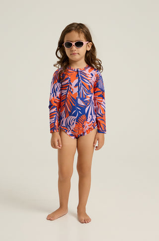 Long sleeve one-piece swimsuit with tropican print | Orange