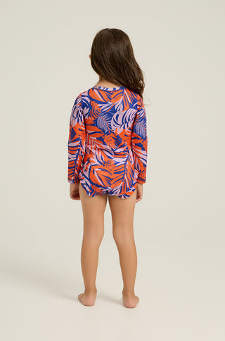 Long sleeve one-piece swimsuit with tropican print | Orange