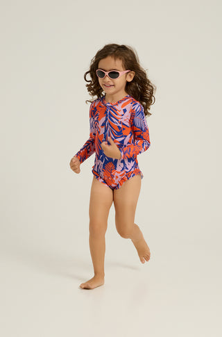 Long sleeve one-piece swimsuit with tropican print | Orange
