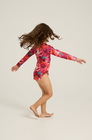 Long sleeve one-piece swimsuit with tropican print | Red