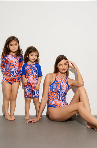 Long sleeve bikini top with tropican print | Orange